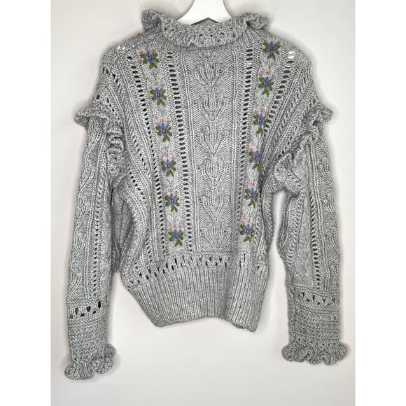 Zara Embroidered Floral Oversized Knit Pullover Sweater Gray Women's Size Small - Picture 12 of 13
